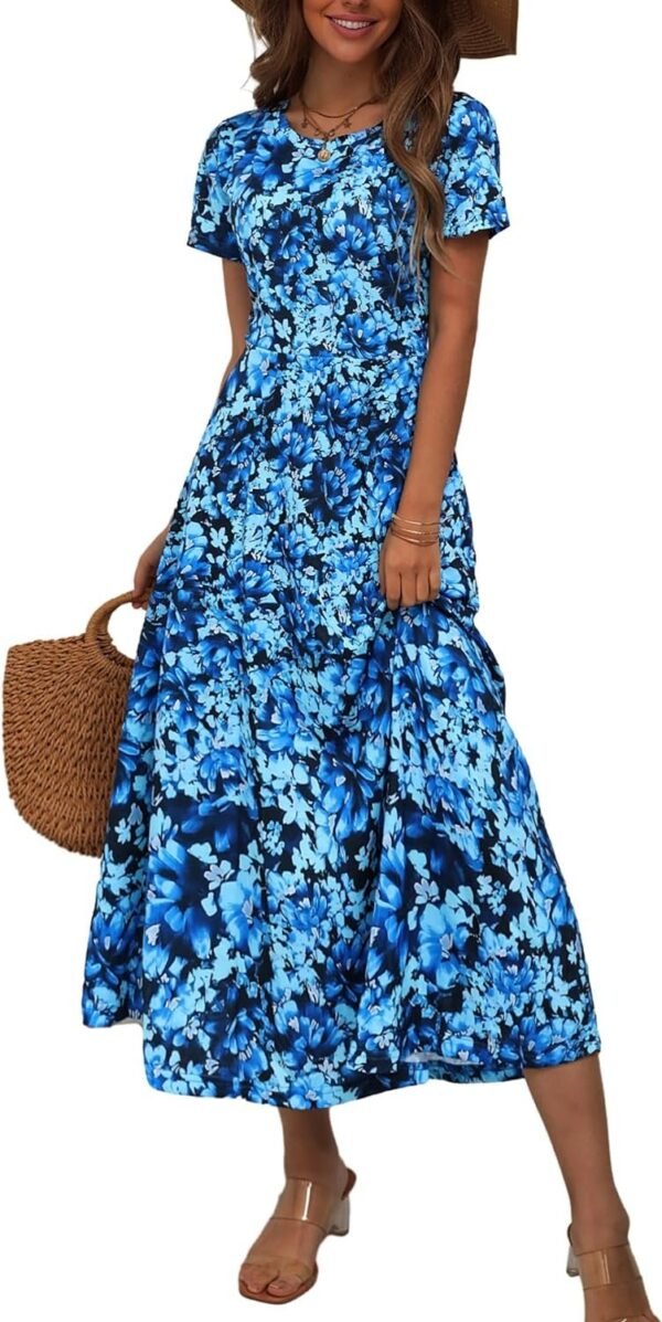 Women's 2024 Short Sleeve Round Neck Casual Summer Flowy Maxi Spring Dresses with Pockets