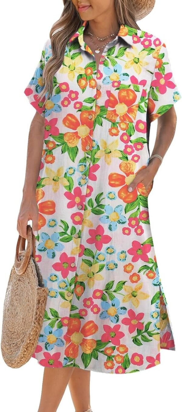 Womens Dress Summer Casual Short Sleeve Button Down Shirt Dress Beach Cover Up Dress with Pockets