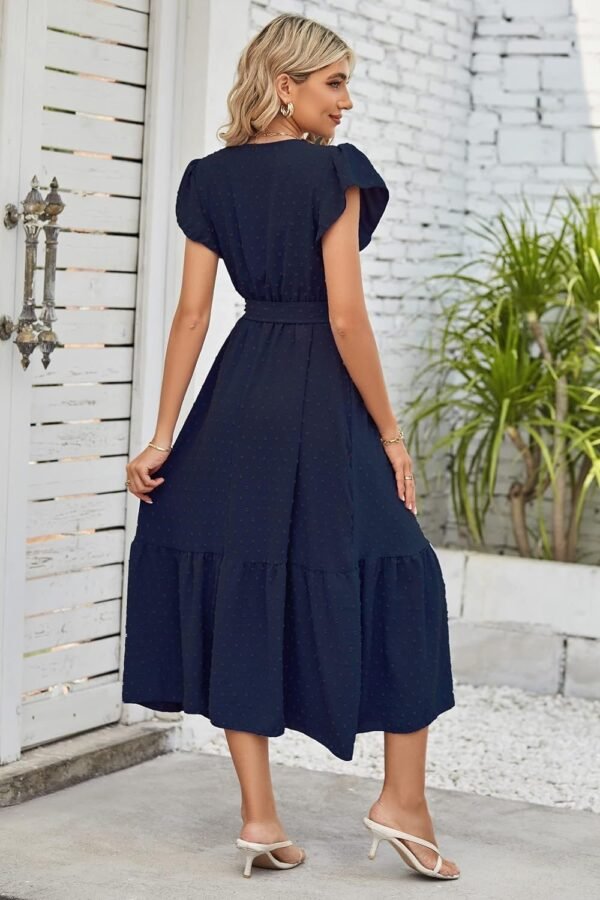 Women's Wrap V Neck Wedding Guest Dress Flutter Sleeve Swiss Dot A-Line Midi Summer Beach Dress