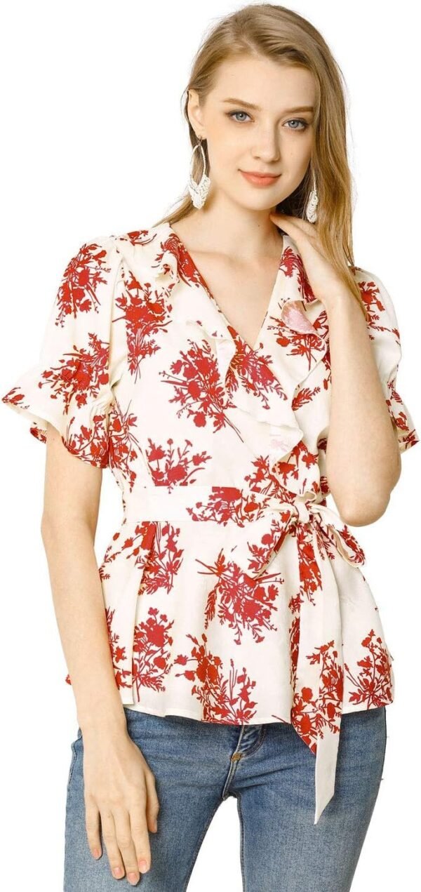 Women's Wrap Peplum Top Blouse Tie Waist Short Sleeve Ruffle Floral V Neck Belted Shirts