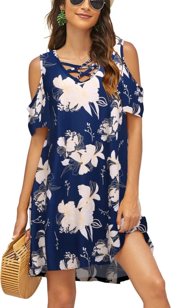 Women Summer Cold Shoulder Criss Cross Neckline Short Sleeve Casual Tunic Top Dress (S-3XL)