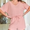 Ribbed Knit Pajama Sets for Women Short Sleeve Loungewear V Neck Pjs Shorts Sets