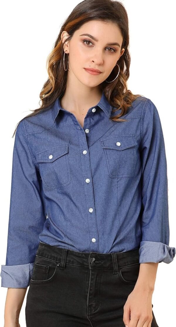 71WIxPP5WDL._AC_SL1500.jpg Women's Button Down Long Sleeve Point Collar Chambray Poplin Shirt