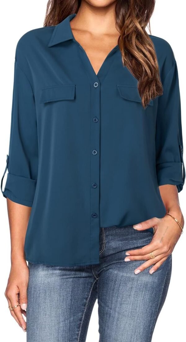 Women's Dressy Lapel Button Down Shirts for Work Office Business Casual Chiffon Blouse Tops