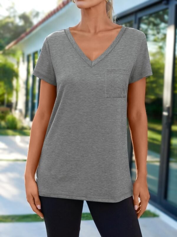 Womens T Shirts Short Sleeve V Neck Tops with Pockets Summer Fashion Trendy Soft Casual Comfy Outfits Clothes 2024