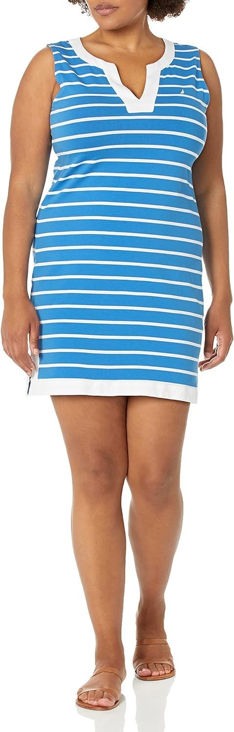 Women's Breton Stripes Sleeveless V-Neck Stretch Cotton Polo Dress