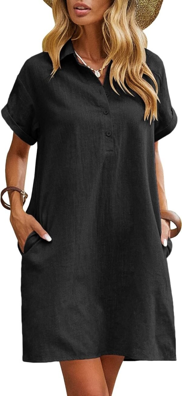 Womens Cotton Shirt Dress Summer Casual Short Sleeve Button Down Beach Cover Up Shirts with Pockets