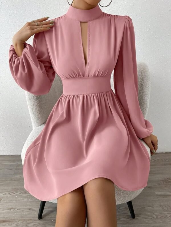 Women's Long Lantern Sleeve Mock Neck Cut Out Dress Elegant A Line Short Dresses