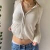 Women Zip Up Long Sleeve Crop Hooded Tops Ribbed Knit Cropped Hoodie Jacket Y2k Cute Sweater Pullover