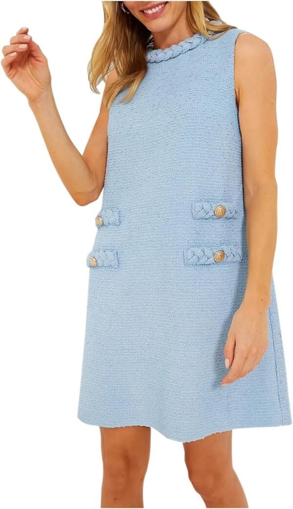 Women's Tweed Jackie Dress Crew Neck Sleeveless Elegant Vintage Button Bodycon A-line Mini Dresses