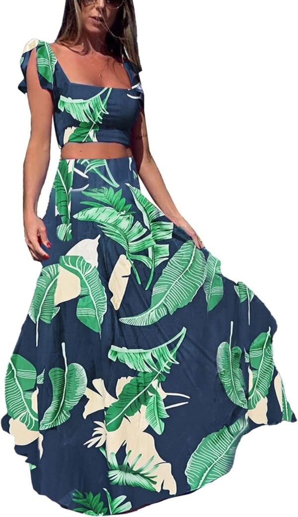 Womens Summer Sexy 2 Pieces Outfits Ruffle Floral Tank Top Wrap Boho Tropical Long Skirt Set Clubwear Dresses