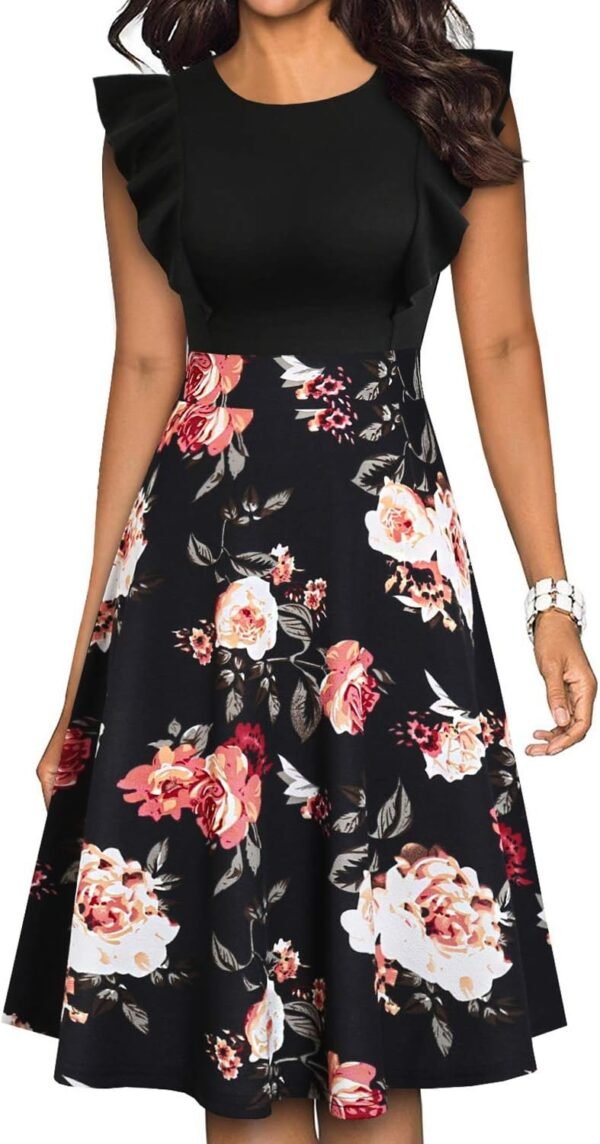 Women's Vintage Ruffle Floral Flared A Line Swing Casual Cocktail Party Dresses