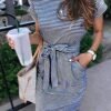 Women's Summer Striped Short Sleeve T Shirt Dress Casual Tie Waist with Pockets
