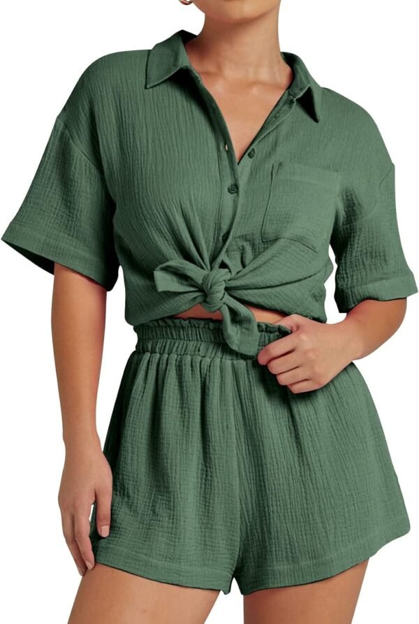 Women's 2 Piece Outfits Track Suits Matching Sets Loungewear for Vacation Button Down Shirt and Shorts Set