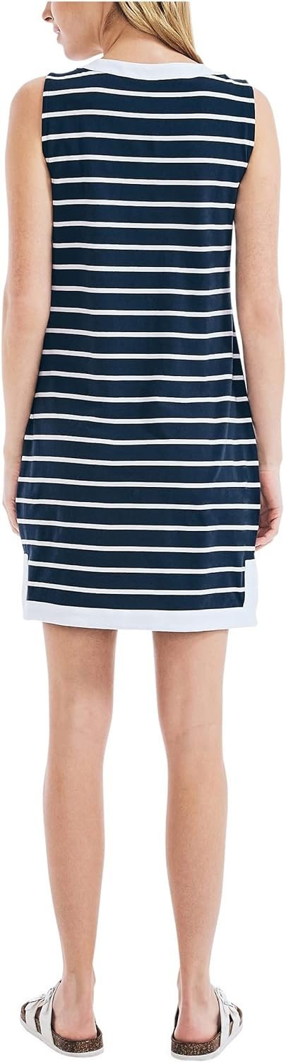 Women's Breton Stripes Sleeveless V-Neck Stretch Cotton Polo Dress