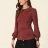 Women's Peter Pan Collar Shirt Fashion Puff Long Sleeve Houndstooth Plaid Blouse