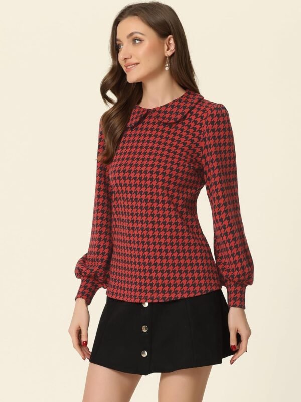 Women's Peter Pan Collar Shirt Fashion Puff Long Sleeve Houndstooth Plaid Blouse