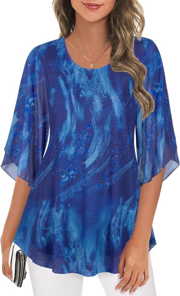 Women's Tops 3/4 Sleeve Blouses Dressy Casual Double Layers Mesh Tunic Shirts