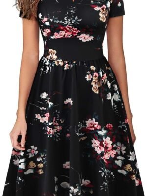 Women's Vintage Pleated Flared Swing A-Line Casual Party Work Dresses