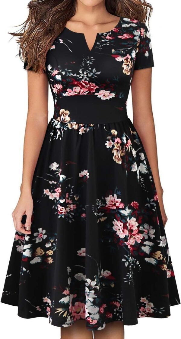 Women's Vintage Pleated Flared Swing A-Line Casual Party Work Dresses