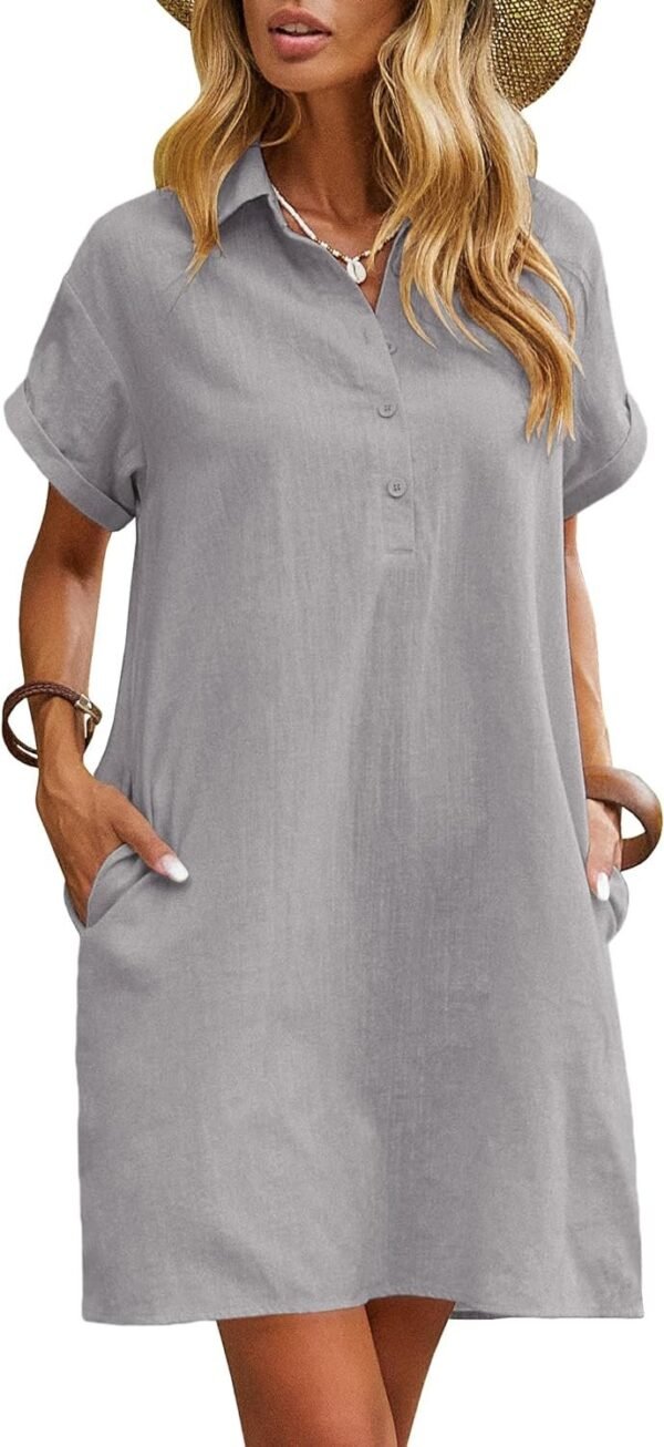 Womens Cotton Shirt Dress Summer Casual Short Sleeve Button Down Beach Cover Up Shirts with Pockets