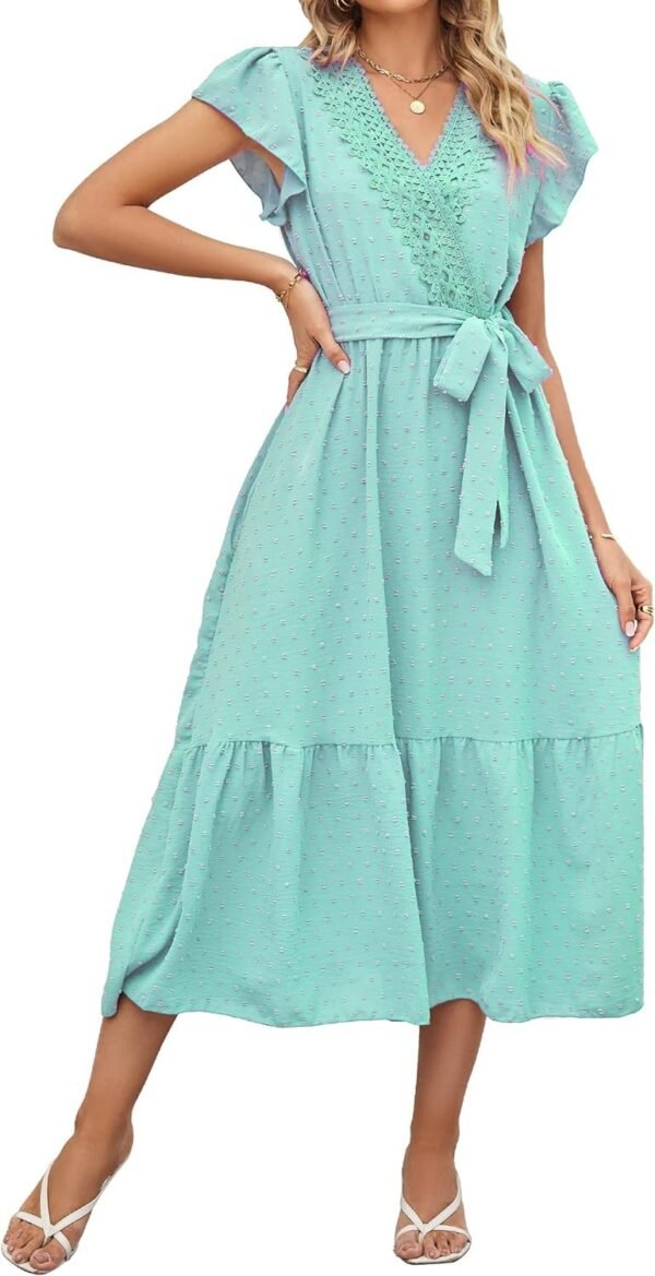 Women's Wrap V Neck Wedding Guest Dress Flutter Sleeve Swiss Dot A-Line Midi Summer Beach Dress