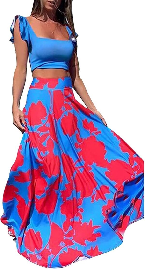 Womens Summer Sexy 2 Pieces Outfits Ruffle Floral Tank Top Wrap Boho Tropical Long Skirt Set Clubwear Dresses