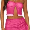 Women's 2 Piece Outfits Sheer Mesh Split Front Strapless Tube Crop Top and Ruffle Mini Skirt Set
