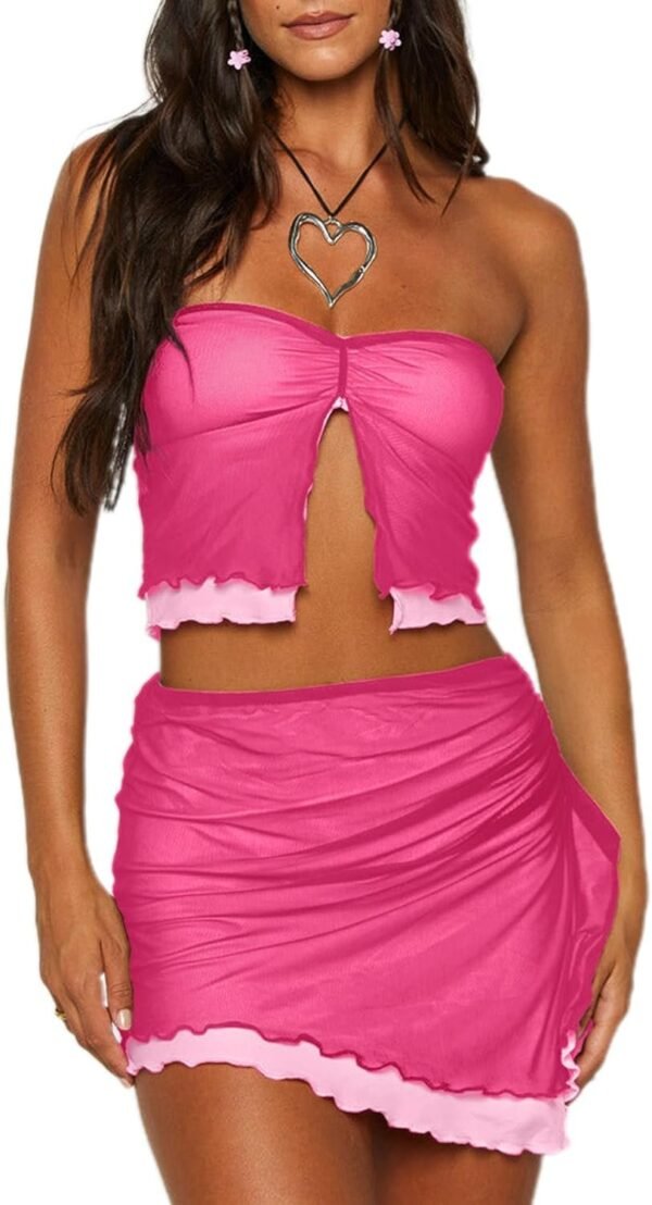 Women's 2 Piece Outfits Sheer Mesh Split Front Strapless Tube Crop Top and Ruffle Mini Skirt Set