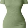 Women's Mini Dresses Sexy Ribbed Short Sleeve Tummy Control Bodycon Mini Dress