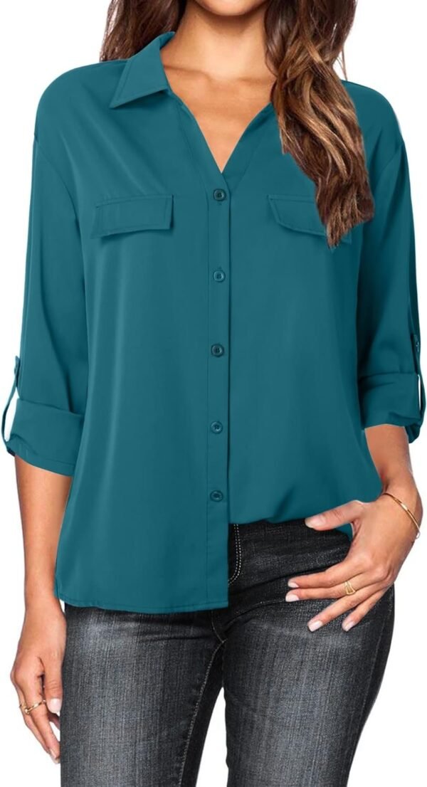 Women's Dressy Lapel Button Down Shirts for Work Office Business Casual Chiffon Blouse Tops