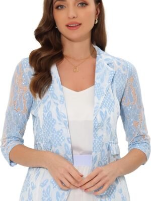 Women's Bussiness Casual Blazers Floral Lace 3/4 Sleeve Single Button Elegant Blazer Suits