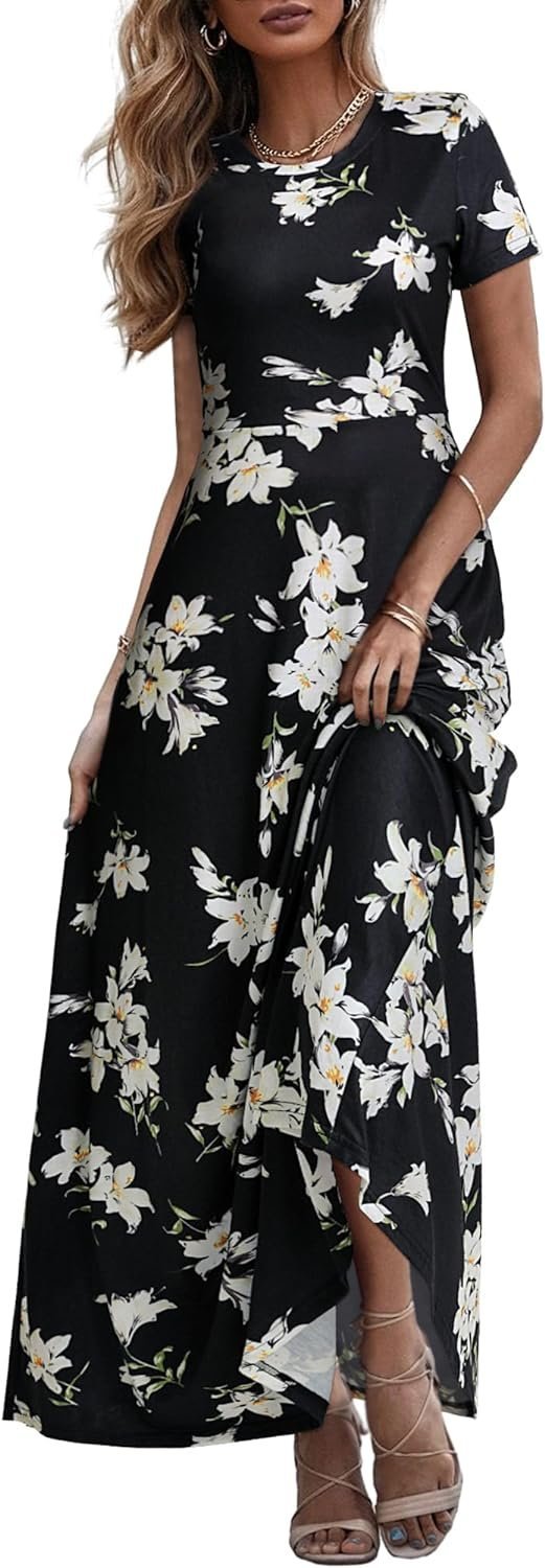 Women's 2024 Short Sleeve Round Neck Casual Summer Flowy Maxi Spring Dresses with Pockets
