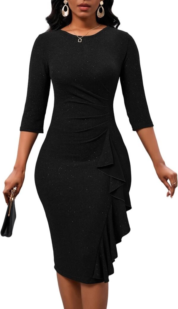Women's Sequin Sparkly Glitter Party Club Dress Crew Neck 3/4 Sleeve Ruffle Ruched Cocktail Bodycon Midi Dress