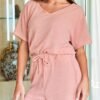 Ribbed Knit Pajama Sets for Women Short Sleeve Loungewear V Neck Pjs Shorts Sets