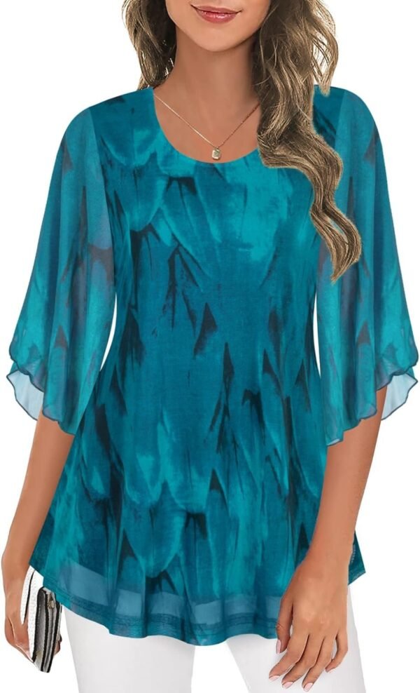Women's Tops 3/4 Sleeve Blouses Dressy Casual Double Layers Mesh Tunic Shirts
