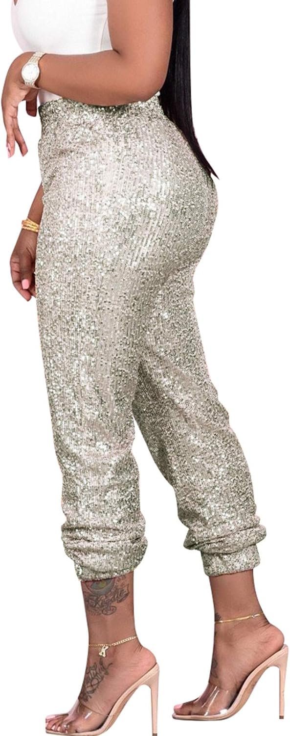 Women Casual Sequin Sparkle Glitter High Waist Pencil Pants Trousers Clubwear