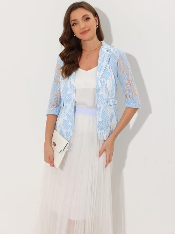 Women's Bussiness Casual Blazers Floral Lace 3/4 Sleeve Single Button Elegant Blazer Suits