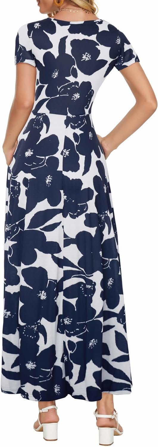 Women's 2024 Short Sleeve Round Neck Casual Summer Flowy Maxi Spring Dresses with Pockets