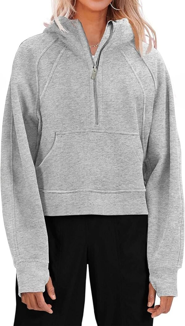 Womens Hooded Pullover Sweatshirts Half Zipper Crop Hoodie Fleece Lined Collar Zip Up Hoodies Cropped Long Sleeve Tops, 1 - Light Grey, Large