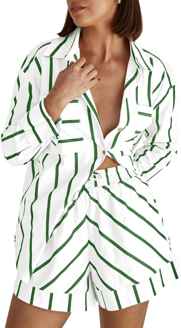 Women's Striped 2 Piece Outfits Casual Oversized Button Down Shirts and Short Lounge Pajamas Set
