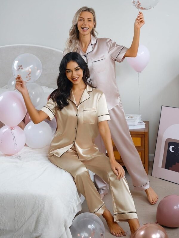 Silk Pajama Set for Women Satin Short Sleeve Sleepwear Button Down Loungewear 2 Piece Pj Sets