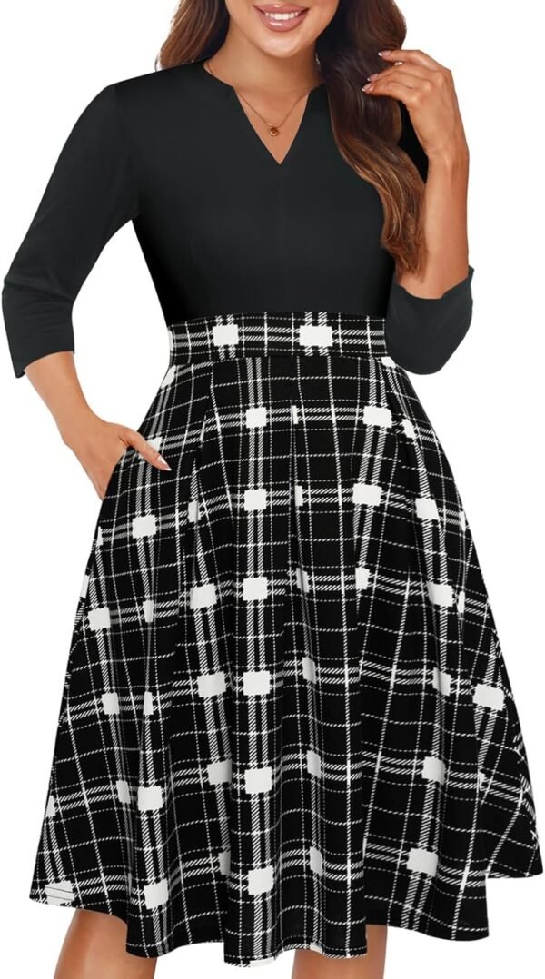 Womens Elegant Print Notched Neck Slant Pocket Pleated Hem Casual A-Line Dress