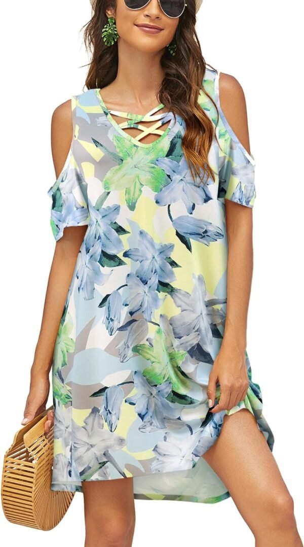 Women Summer Cold Shoulder Criss Cross Neckline Short Sleeve Casual Tunic Top Dress (S-3XL)