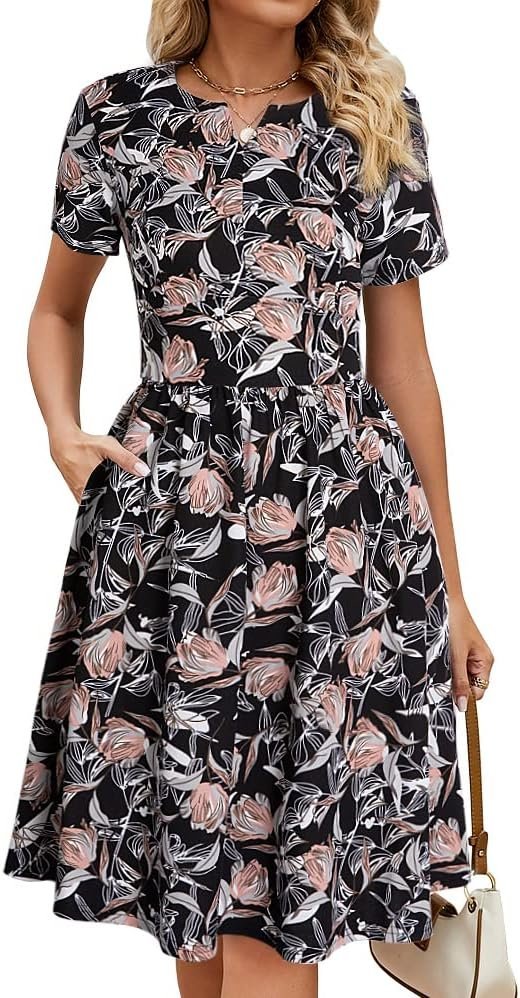 Women's Vintage Pleated Flared Swing A-Line Casual Party Work Dresses