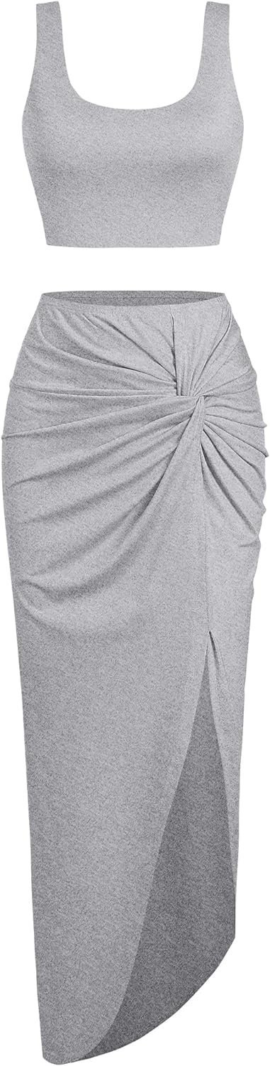 Women’s 2 Pieces Skirt with Crop Tank, High-Slit Twist Skirt Set Bodycon Dress for Party Club Nightout Cocktail