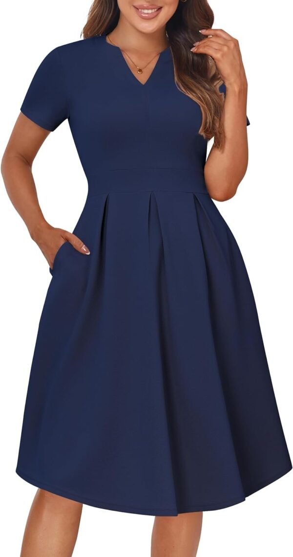 Womens Elegant Print Notched Neck Slant Pocket Pleated Hem Casual A-Line Dress