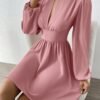 Women's Long Lantern Sleeve Mock Neck Cut Out Dress Elegant A Line Short Dresses