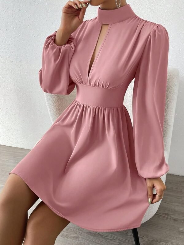 Women's Long Lantern Sleeve Mock Neck Cut Out Dress Elegant A Line Short Dresses