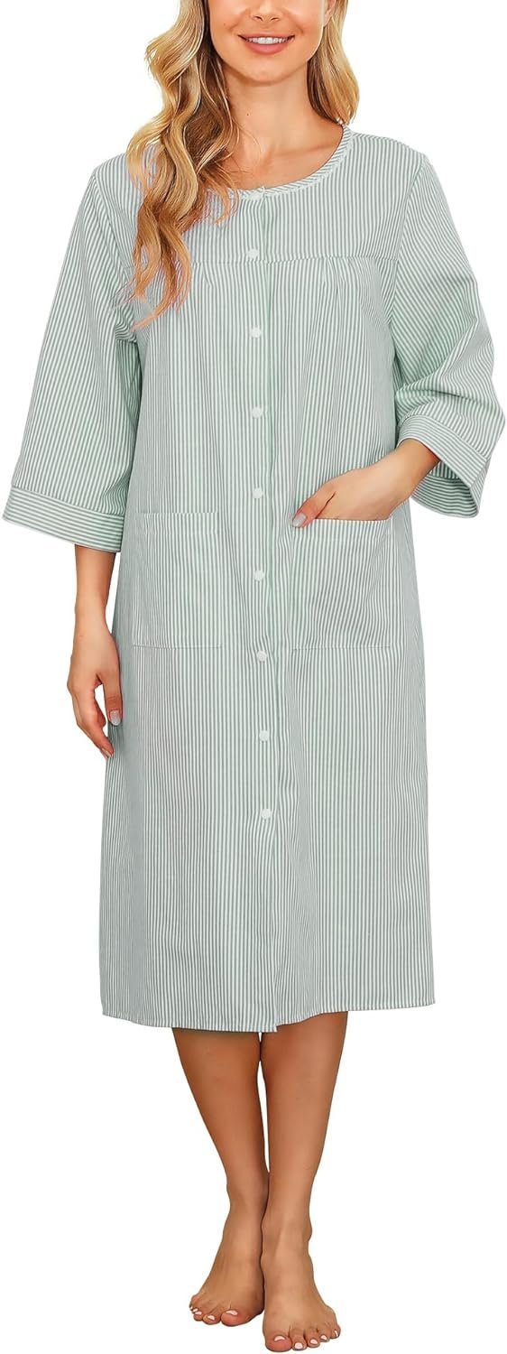 Women House Dress Snap Front Nightgown 3/4 Sleeve Housecoat Duster Robe with Pockets Moomoo Patio Dress